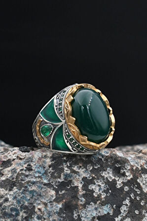 Doğal Damarlı Akik Taşlı Tesbih Ve 925 Ayar Gümüş Erkek Yüzüğü Yeşil Akik Taşlı 901412