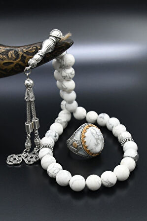 Doğal Havlit Taşlı Tesbih Ve 925 Ayar Gümüş Erkek Yüzüğü Havlit Taşlı 901415