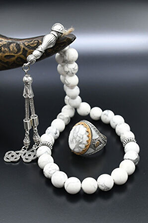 Doğal Havlit Taşlı Tesbih Ve 925 Ayar Gümüş Erkek Yüzüğü Havlit Taşlı 901415