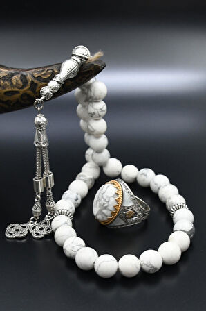 Doğal Havlit Taşlı Tesbih Ve 925 Ayar Gümüş Erkek Yüzüğü Havlit Taşlı 901415