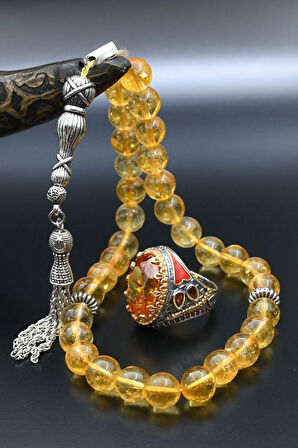 Doğal Sitrin Taşlı Tesbih Ve 925 Ayar Gümüş Erkek Yüzüğü Sitrin Taşlı 901416