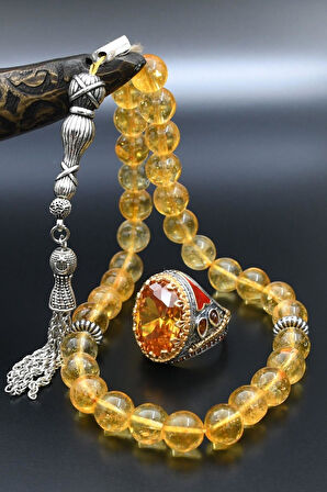 Doğal Sitrin Taşlı Tesbih Ve 925 Ayar Gümüş Erkek Yüzüğü Sitrin Taşlı 901416