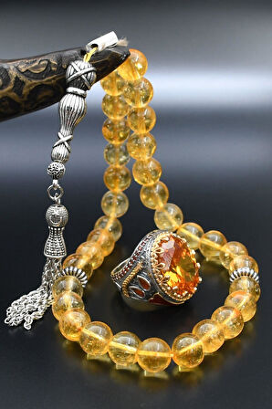 Doğal Sitrin Taşlı Tesbih Ve 925 Ayar Gümüş Erkek Yüzüğü Sitrin Taşlı 901416