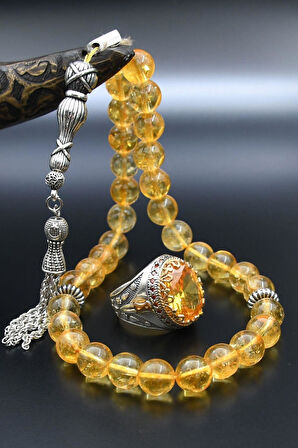 Doğal Sitrin Taşlı Tesbih Ve 925 Ayar Gümüş Erkek Yüzüğü Sitrin Taşlı 901417