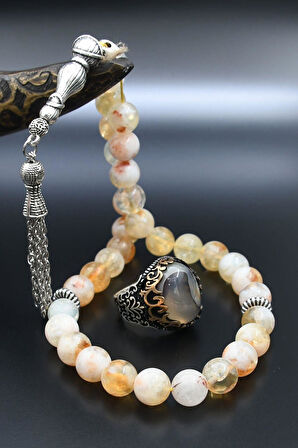 Doğal Sitrin Taşlı Tesbih Ve 925 Ayar Gümüş Erkek Yüzüğü Yemen Akik Taşlı 901419