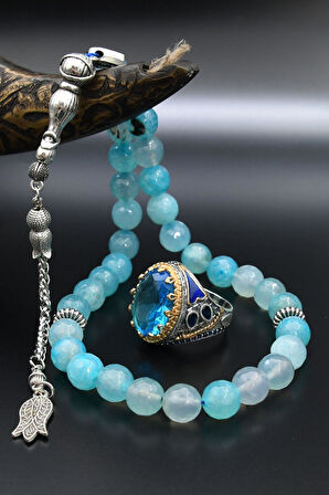 Aquamarine (AQUA MARİN) Taşlı Tesbih Ve 925 Ayar Gümüş Erkek Yüzüğü Aquamarine (AQUA MARİN) Taşlı 901421