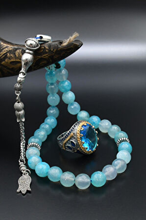 Aquamarine (AQUA MARİN) Taşlı Tesbih Ve 925 Ayar Gümüş Erkek Yüzüğü Aquamarine (AQUA MARİN) Taşlı 901421