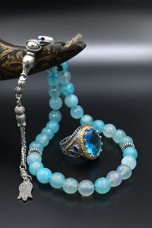 Aquamarine (AQUA MARİN) Taşlı Tesbih Ve 925 Ayar Gümüş Erkek Yüzüğü Aquamarine (AQUA MARİN) Taşlı 901421