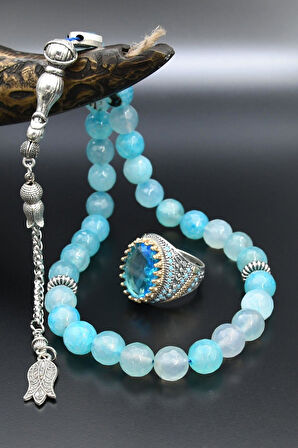 AQUA MARİN (Aquamarine) Taşlı Tesbih Ve 925 Ayar Gümüş Erkek Yüzüğü AQUA MARİN (Aquamarine) Taşlı 901423