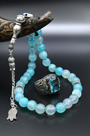 AQUA MARİN (Aquamarine) Taşlı Tesbih Ve 925 Ayar Gümüş Erkek Yüzüğü AQUA MARİN (Aquamarine) Taşlı 901424