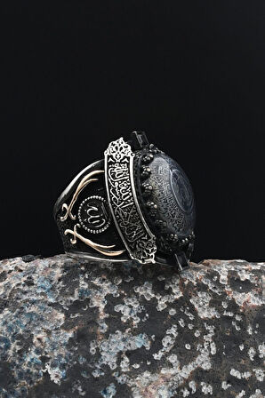 Özel Tasarım Sıkma Kehribar Taşlı Ayetel Kürsi Ve Kelime-i Tevhid Yazılı Ve Zülfikar Kılıcı 925 Ayar Gümüş Erkek Yüzüğü 901433