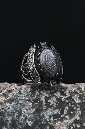 Özel Tasarım Sıkma Kehribar Taşlı Ayetel Kürsi Ve Kelime-i Tevhid Yazılı Ve Zülfikar Kılıcı 925 Ayar Gümüş Erkek Yüzüğü 901433