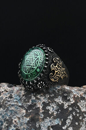 Özel Tasarım Sıkma Kehribar Taşlı Hz. Süleyman Mührü Oksitli 925 Ayar Gümüş Erkek Yüzüğü 901436