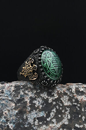 Özel Tasarım Sıkma Kehribar Taşlı Hz. Süleyman Mührü Oksitli 925 Ayar Gümüş Erkek Yüzüğü 901436