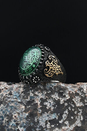 Özel Tasarım Sıkma Kehribar Taşlı Hz. Süleyman Mührü Oksitli 925 Ayar Gümüş Erkek Yüzüğü 901436