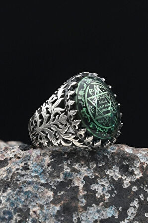 925 Ayar Gümüş Erkek Yüzüğü Sıkma Kehribar Taşlı Hz. Süleyman Mührü 901454