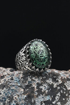 925 Ayar Gümüş Erkek Yüzüğü Sıkma Kehribar Taşlı Hz. Süleyman Mührü 901454