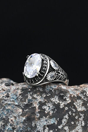 Beyaz Zirkon Taşlı 925 Ayar Gümüş Erkek Yüzüğü Zirkon Taş Süslemeli 901463