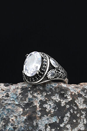 Beyaz Zirkon Taşlı 925 Ayar Gümüş Erkek Yüzüğü Zirkon Taş Süslemeli 901463