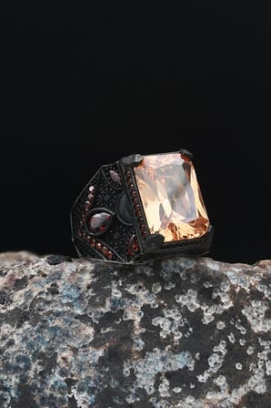 Şampanya Topaz Taşlı 925 Ayar Gümüş Erkek Yüzüğü Zirkon Taş Süslemeli 901476