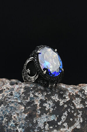 Anka Kuşu Figürlü Mistik Topaz Taşlı 925 Ayar Gümüş Erkek Yüzüğü 901481