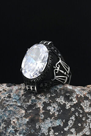 Terazi Figürlü Beyaz Zirkon Taşlı 925 Ayar Gümüş Erkek Yüzüğü 901484