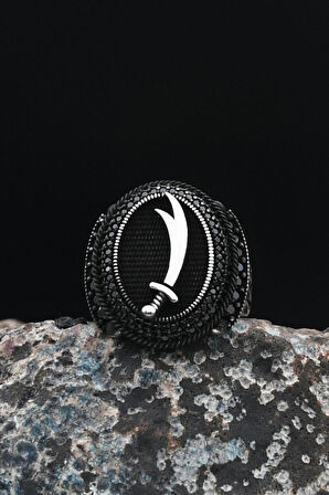 Zülfikar Hz. Ali'nin Kılıcı 925 Ayar Gümüş Erkek Yüzüğü Mikro Taş Süslemeli 901496