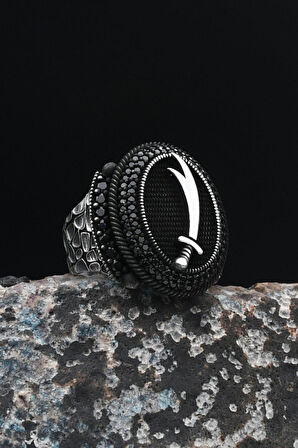 Zülfikar Hz. Ali'nin Kılıcı 925 Ayar Gümüş Erkek Yüzüğü Mikro Taş Süslemeli 901496