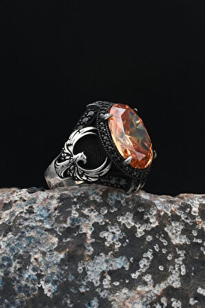 Anka Kuşu Figürlü 925 Ayar Gümüş Erkek Yüzük Şampanya Topaz Taşlı 901502