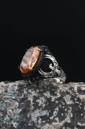 Anka Kuşu Figürlü 925 Ayar Gümüş Erkek Yüzük Şampanya Topaz Taşlı 901502