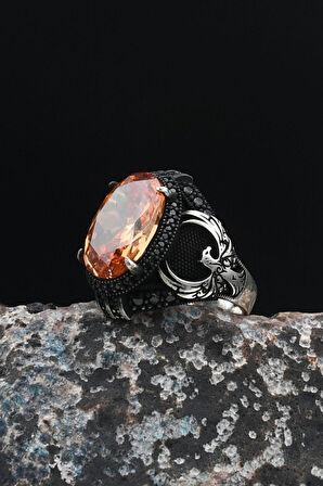 Anka Kuşu Figürlü 925 Ayar Gümüş Erkek Yüzük Şampanya Topaz Taşlı 901502