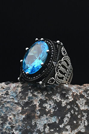 Kral Taç Motifli 925 Ayar Gümüş Erkek Yüzüğü (AQUA MARİN) Akua Marine Taşlı 901504