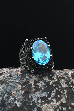 Kral Taç Motifli 925 Ayar Gümüş Erkek Yüzüğü (AQUA MARİN) Akua Marine Taşlı 901504