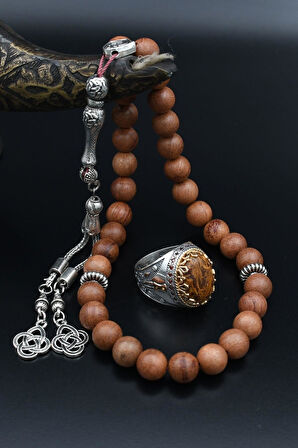 Doğal Oud Ağacı Tesbih Ve 925 Ayar Gümüş Erkek Yüzüğü Oud Ağacı 901511