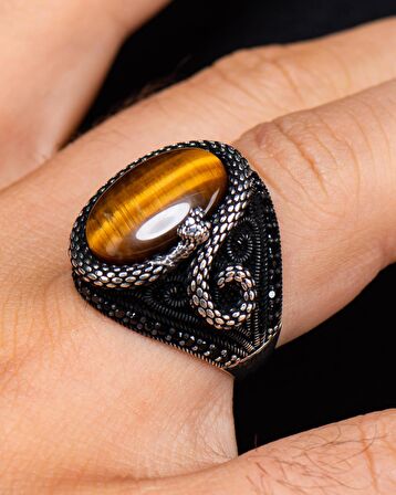 925 Ayar Gümüş Erkek Yüzüğü Kaplangözü Taşlı Yılan Figürlü