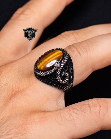 925 Ayar Gümüş Erkek Yüzüğü Kaplangözü Taşlı Yılan Figürlü