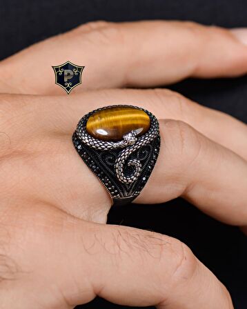 925 Ayar Gümüş Erkek Yüzüğü Kaplangözü Taşlı Yılan Figürlü