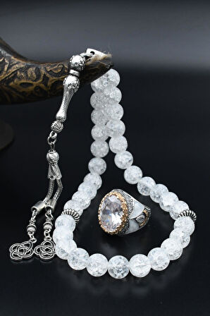 Beyaz Zirkon Taşlı Tesbih Ve 925 Ayar Gümüş Erkek Yüzüğü Beyaz Zirkon Taşlı 901512