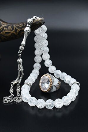 Beyaz Zirkon Taşlı Tesbih Ve 925 Ayar Gümüş Erkek Yüzüğü Beyaz Zirkon Taşlı 901512