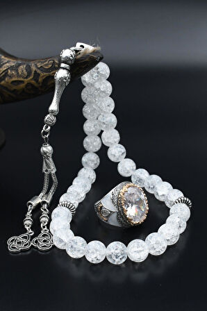 Beyaz Zirkon Taşlı Tesbih Ve 925 Ayar Gümüş Erkek Yüzüğü Beyaz Zirkon Taşlı 901512