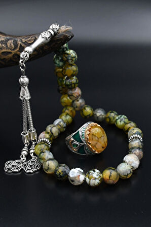 925 Ayar Gümüş Erkek Yüzüğü Damarlı Akik Taşlı Doğal Damarlı Akik Taşlı Tesbih 901513