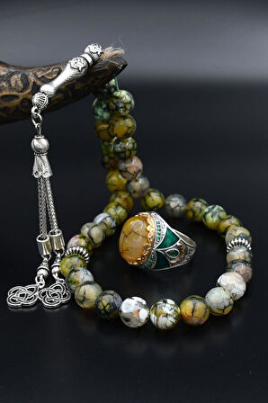 925 Ayar Gümüş Erkek Yüzüğü Damarlı Akik Taşlı Doğal Damarlı Akik Taşlı Tesbih 901513