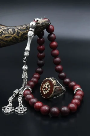 Doğal Oud Ağacı Tesbih Ve 925 Ayar Gümüş Erkek Yüzüğü Akik Taşlı 901523
