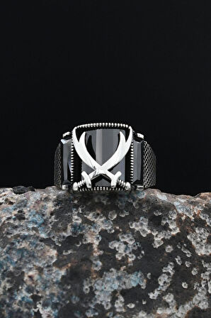 Zülfikar Hz. Ali'nin Kılıcı 925 Ayar Gümüş Erkek Yüzüğü Siyah Zirkon Taşlı 901528