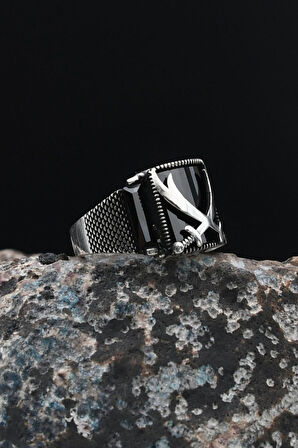 Zülfikar Hz. Ali'nin Kılıcı 925 Ayar Gümüş Erkek Yüzüğü Siyah Zirkon Taşlı 901528