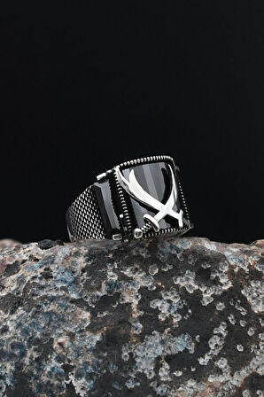 Zülfikar Hz. Ali'nin Kılıcı 925 Ayar Gümüş Erkek Yüzüğü Siyah Zirkon Taşlı 901528