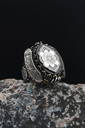 Özel Tasarım Hz. Süleyman Mührü Gümüş Erkek Yüzüğü Allah ve Muhammed ve Kelime-İ Tevhid Yazlı 901535