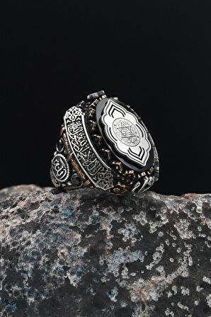 Özel Tasarım Hz. Süleyman Mührü Gümüş Erkek Yüzüğü Allah ve Muhammed ve Kelime-İ Tevhid Yazlı 901535