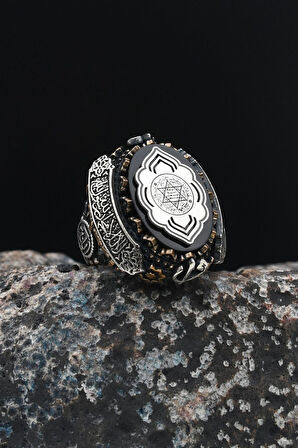 Özel Tasarım Hz. Süleyman Mührü Gümüş Erkek Yüzüğü Allah ve Muhammed ve Kelime-İ Tevhid Yazlı 901535