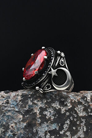 Ay Yıldız Figürlü Ay Yıldızlı (AY YILDIZ) 925 Ayar Gümüş Erkek Yüzüğü Kırmızı Zirkon Taşlı 901553